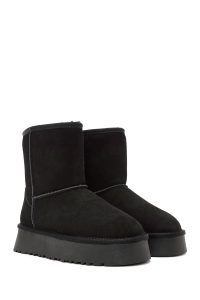 بوت چرمی جیر با کفی ضخیم خز مشکی زنانه دری مد