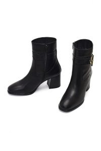 بوت چرمی زنانه مشکی زیپ‌دار پاشنه ضخیم دری مد