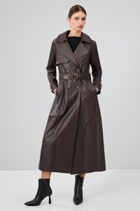 ترنچ کت چرمی زنانه قهوه ای کمربنددار Jenny X دری مد