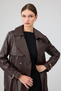 ترنچ کت چرمی زنانه قهوه ای کمربنددار Jenny X دری مد