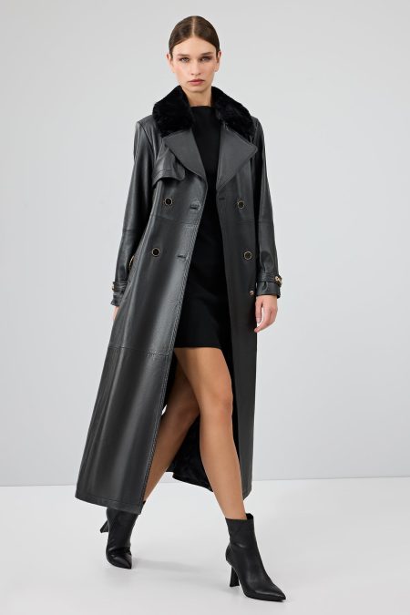 ترنچ کت چرمی زنانه مشکی یقه خزدار کمربنددار Jenny دری مد