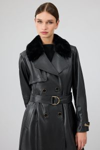 ترنچ کت چرمی زنانه مشکی یقه خزدار کمربنددار Jenny دری مد