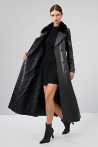 ترنچ کت چرمی زنانه مشکی یقه خزدار کمربنددار Jenny دری مد