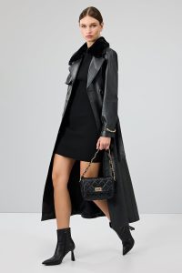 ترنچ کت چرمی زنانه مشکی یقه خزدار کمربنددار Jenny دری مد