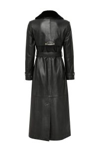 ترنچ کت چرمی زنانه مشکی یقه خزدار کمربنددار Jenny دری مد