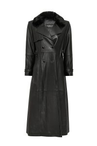 ترنچ کت چرمی زنانه مشکی یقه خزدار کمربنددار Jenny دری مد