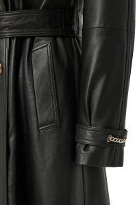 ترنچ کت چرمی زنانه مشکی یقه خزدار کمربنددار Jenny دری مد