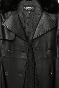 ترنچ کت چرمی زنانه مشکی یقه خزدار کمربنددار Jenny دری مد