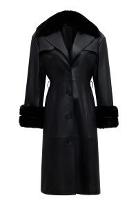 ترنچ‌کت زنانه Selena چرم مشکی یقه‌خزدار دری مد