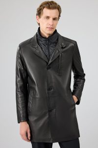 ترنچ‌کت چرمی مردانه مشکی یقه خزدار Barella دری مد