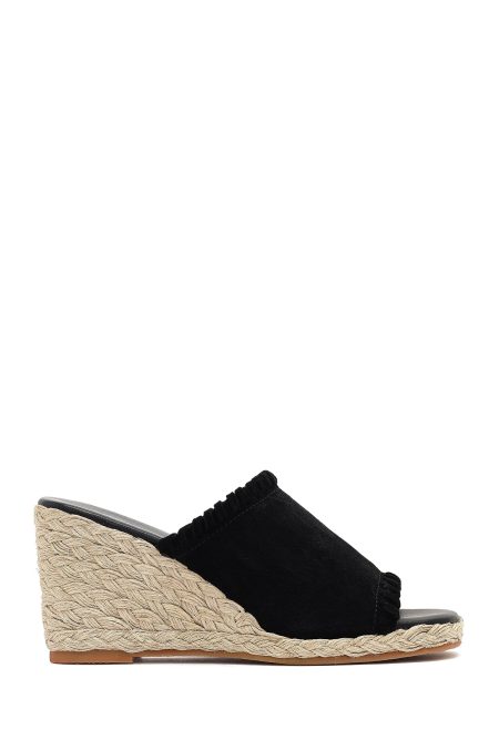 دمپایی اسپرت زنانه چرم جیر مشکی پاشنه بلند راحتی دری مد