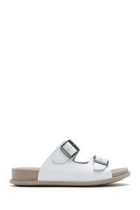 دمپایی راحتی زنانه چرم سفید دو سگکه دری مد