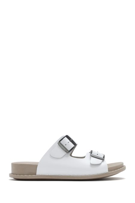 دمپایی راحتی زنانه چرم سفید دو سگکه دری مد