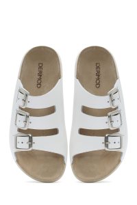 دمپایی راحتی زنانه چرم سفید سگک‌دار دری مد