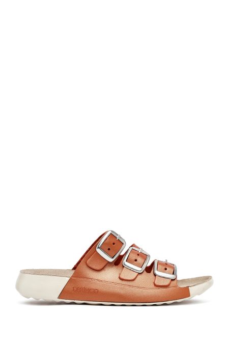 دمپایی راحتی زنانه چرم فلزی نارنجی سگک‌دار دری مد