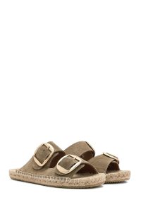 دمپایی زنانه اسپادریل چرمی جیر قهوه‌ای روشن سگک‌دار دری مد