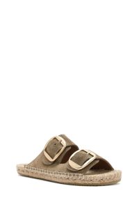 دمپایی زنانه اسپادریل چرمی جیر قهوه‌ای روشن سگک‌دار دری مد