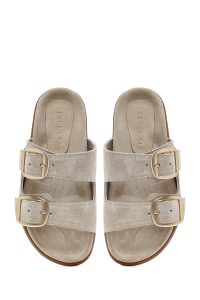 دمپایی زنانه جیر بژ سگک‌دار دری مد