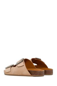 دمپایی زنانه جیر صورتی کم‌رنگ سگک‌دار نگین‌دار دری مد