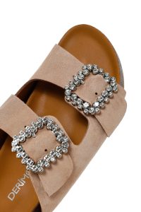 دمپایی زنانه جیر صورتی کم‌رنگ سگک‌دار نگین‌دار دری مد