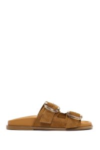 دمپایی زنانه جیر قهوه‌ای دو سگکه دری مد