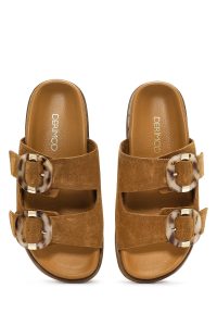 دمپایی زنانه جیر قهوه‌ای دو سگکه دری مد