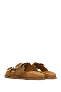 دمپایی زنانه جیر قهوه‌ای دو سگکه دری مد