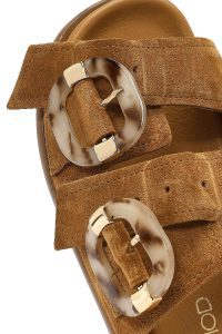 دمپایی زنانه جیر قهوه‌ای دو سگکه دری مد