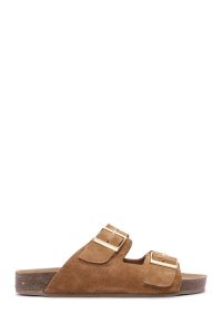 دمپایی زنانه جیر قهوه‌ای روشن دو سگکه دری مد