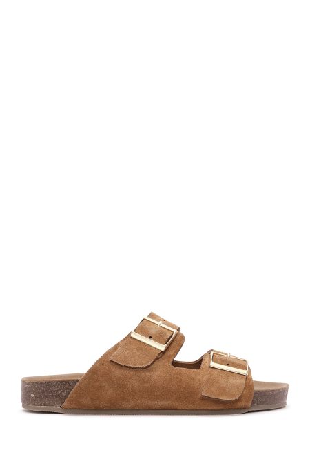 دمپایی زنانه جیر قهوه‌ای روشن دو سگکه دری مد