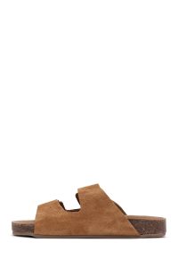 دمپایی زنانه جیر قهوه‌ای روشن دو سگکه دری مد