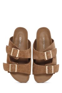 دمپایی زنانه جیر قهوه‌ای روشن دو سگکه دری مد