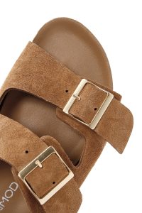 دمپایی زنانه جیر قهوه‌ای روشن دو سگکه دری مد