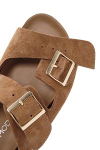 دمپایی زنانه جیر قهوه‌ای روشن دو سگکه دری مد