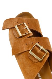 دمپایی زنانه جیر قهوه‌ای روشن دو سگکه دری مد