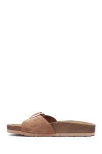 دمپایی زنانه جیر قهوه‌ای سگک‌دار دری مد