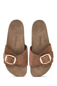 دمپایی زنانه جیر قهوه‌ای سگک‌دار دری مد