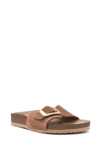 دمپایی زنانه جیر قهوه‌ای سگک‌دار دری مد