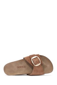 دمپایی زنانه جیر قهوه‌ای سگک‌دار دری مد