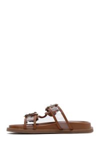 دمپایی زنانه قهوه‌ای دو سگکه دری مد