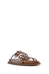 دمپایی زنانه قهوه‌ای دو سگکه دری مد