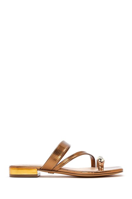 دمپایی زنانه متالیک برنزی نگین‌دار دری مد