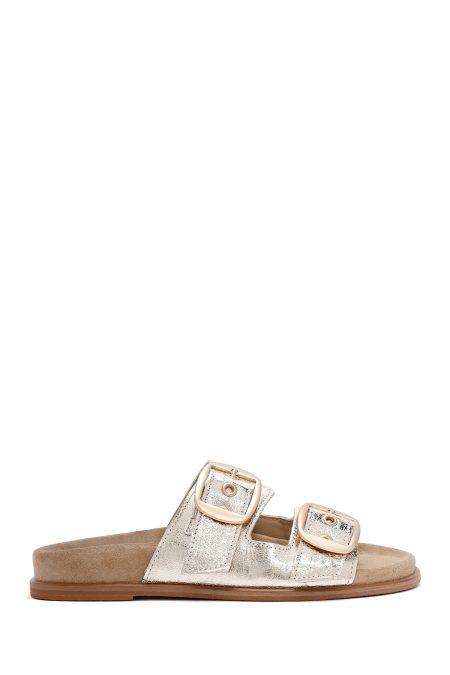 دمپایی زنانه متالیک طلایی سگک‌دار چرمی دری مد