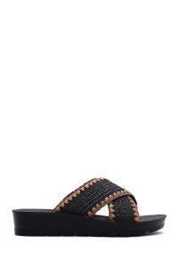 دمپایی زنانه مشکی با کف ضخیم حصیری دری مد