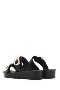 دمپایی زنانه مشکی دو سگکه لژدار دری مد