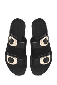 دمپایی زنانه مشکی دو سگکه لژدار دری مد