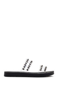 دمپایی زنانه مشکی شفاف نگین‌دار دری مد