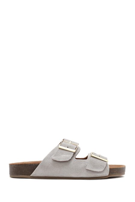 دمپایی زنانه چرم جیر طوسی دو سگکه دری مد