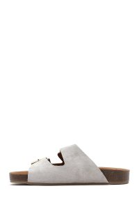 دمپایی زنانه چرم جیر طوسی دو سگکه دری مد