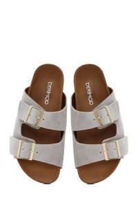 دمپایی زنانه چرم جیر طوسی دو سگکه دری مد